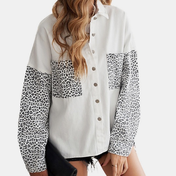 LEOPARD FULL SIZE RUN DENIM TOP - Picture 2 of 3